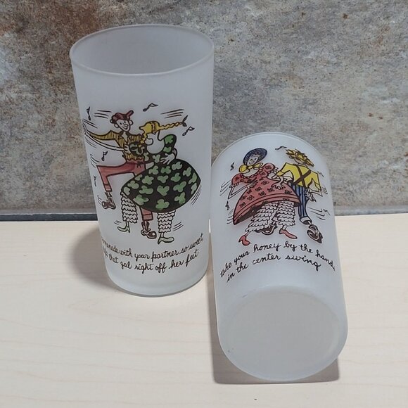 Vintage Square Dance Highball Federal Frosted Glass Tumblers Set of 2 - Picture 9 of 10